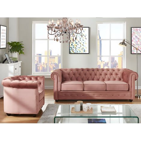 Canapé 3 places et fauteuil CHESTERFIELD - Velours rose pastel (1/4)