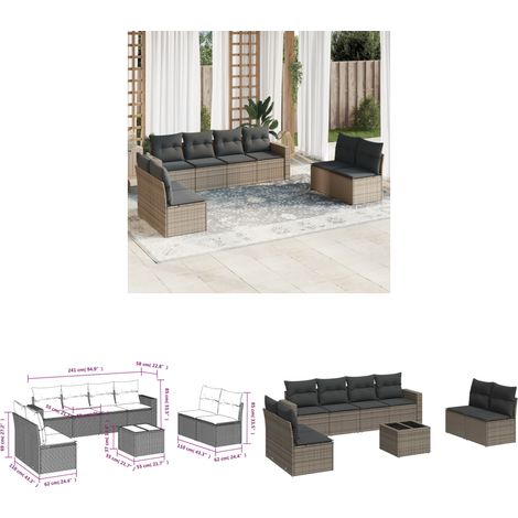 9-tlg. Garten-Sofagarnitur mit Kissen Grau Poly Rattan - Gartensorte - Outdoor Möbel - Gartenset - Lounge Set - Rattan Sofa - Home & Living (1/3)