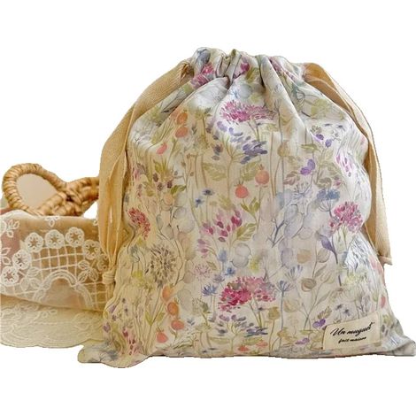 Bolsa de algodón con cordón, diseño floral hecho a mano, organizador multiusos, A (1/2)