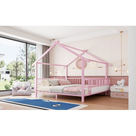 Lit cabane 140 x 200 cm pour enfant avec toit décoratif ouvert, barrières de sécurité et cadre personnalisable, métal, rose (1/5)