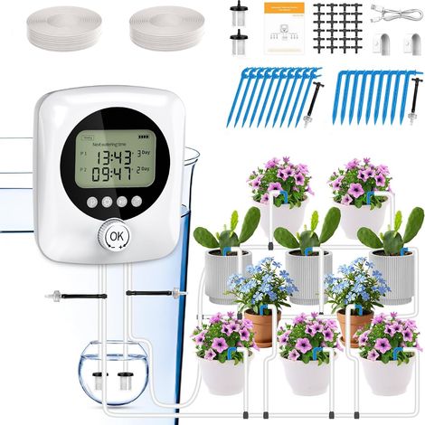 Arrosage Automatique Double Pompe Kit Goutte à Goutte Rechargeable USB-C 4400mAh, Programmateur avec Minuterie Réglable, Débit 800ML/Min, 20m Tuyau + 30 Goutteurs pour Jardin Balcon (1/5)