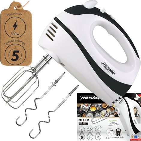 Mesko MS4227B Batidora Amasadora de Mano Repostería, 5 Velocidades + Turbo, Varillas y Gancho Amasar Acero 550W (1/5)