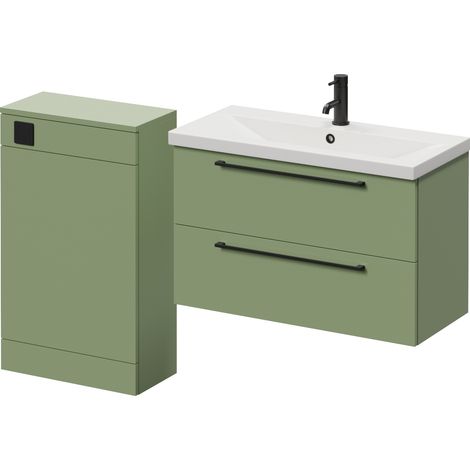 Napoli 390 Olive Green 1300mm Wall Mounted 2 Drawer Vanity Unit and Toilet Suite with Glide Basin - 1300mm - Matt Black 480mm HandleWithout Kingston Toilet Pan