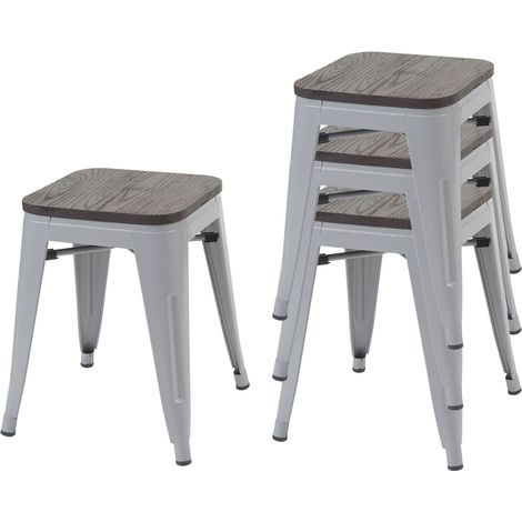 4er-Set Hocker HHG-771 inkl. Holz-Sitzfläche, Metallhocker Sitzhocker, Metall Industriedesign stapelbar grau
