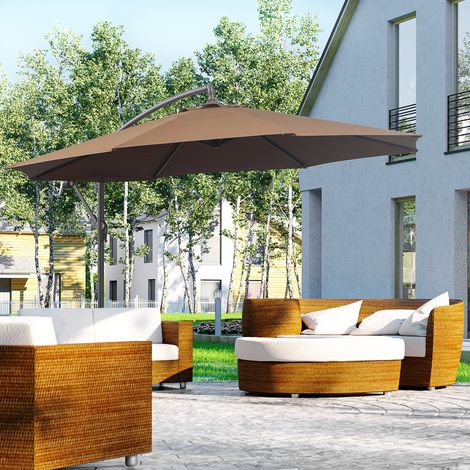 Parasol jardin Ø295cm excentrique inclinable manivelle base croisée support acier, café