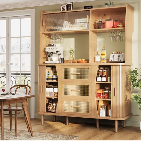 Aparador de cocina 140x40.5x174.5 cm color madera en MDF y metal con puertas correderas de vidrio y cajones (1/5)