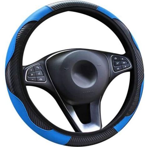 Housse de volant de voiture en cuir, bande élastique de sport en fibre de carbone respirante antidérapante sans bague intérieure Housse de volant Ajustement universel 37-39 cm/14,5-15 pouces (Bleu)