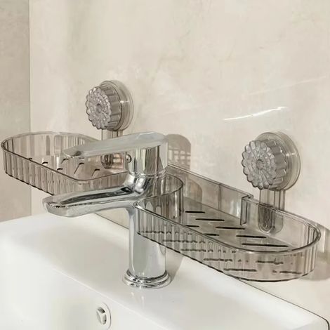 (1 pièce) Support de rangement à ventouse pour lavabo, salle de bain, toilettes, miroir, robinet. Esthétique, fixation murale sans perçage, universel, disponible en deux couleurs. (1/5)