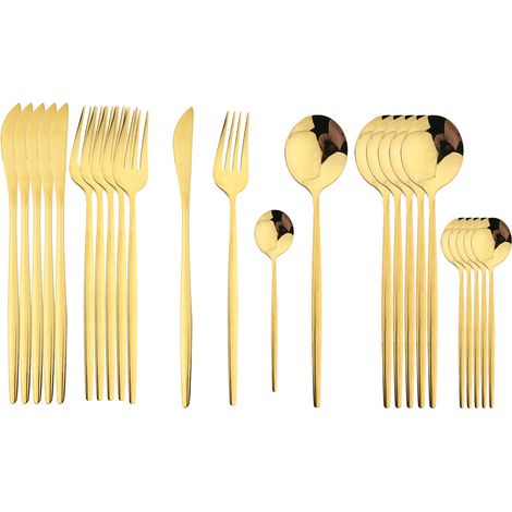 Service de table pour 6 personnes, 24 pièces, acier inoxydable, vert et or, couteau, fourchette, cuillère, serviettes, style western (1/5)