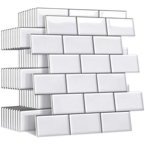 Plus épais Credence Adhesive pour Cuisine Salle de Bain, Faux Carrelage Adhesif Mural Blanc Credence Cuisine Adhesive, ImperméAble 3d Dalle PVC Adhesive Murale, 10 Pièces,3030cm,Blanc (1/4)