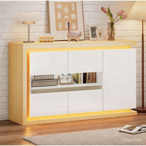 MEUBLIV Buffet 140x40x84 cm blanc – 3 portes, LED, verre trempé (1/5)