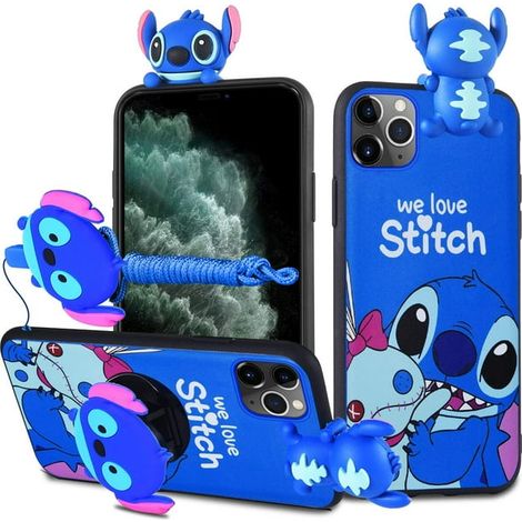 Coque iPhone 12 Mini Housse Stitch 3D Dessin Animé Protection Douce TPU Silicone avec Support et Cordon Long Détachable pour Enfants Filles (Stitch) (1/5)