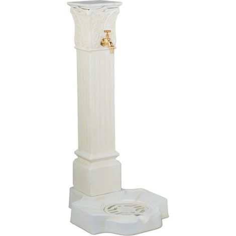 Relaxdays Fontana da Giardino in Stile Antico, Fontanella a Colonna con Rubinetto e Vaschetta, HLP: 93x47x38 cm, Bianco (1/5)