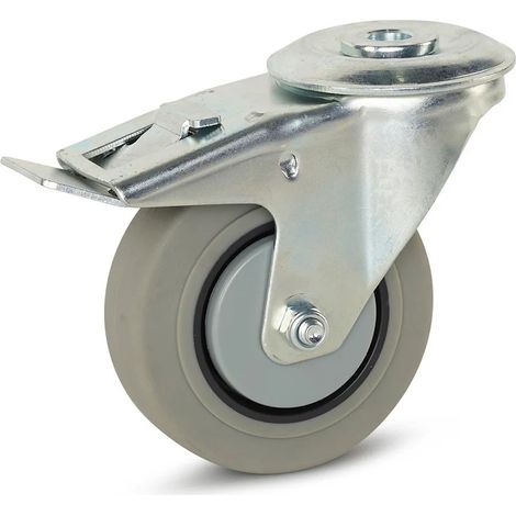 Roue pivotante freinée - MESO - Caoutchouc gris - 100mm - 150kg - Trou central