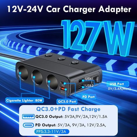 Adattatore per accendisigari auto a tre poli da 127 W / USB QC 3.0 / PD / Doppia interfaccia USB, presa 12 V/24 V, interruttore indipendente e voltmetro a LED (1/2)