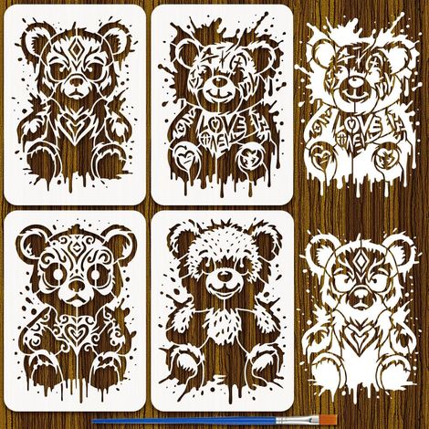 4Pcs Pochoir de Peinture D'Ours Graffiti Avec Pinceau en Plastique 21x29.7cm Modèle de Dessin D'Ours en Peluche Creux Modèle de Motif Ours Réutilisable Modèles Thème Graffiti pour Bois (1/5)