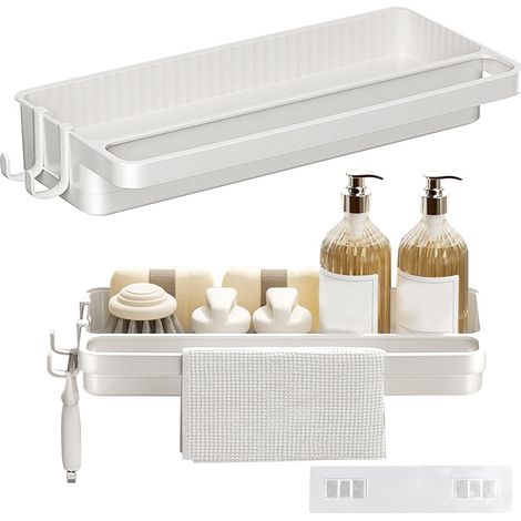 Porte éponge Cuisine, Organisateur d'évier en Plastique, Rangement multifonctionnel pour ustensiles de cuisine et salle de bain, Montage mural, Vaisselle (1/5)