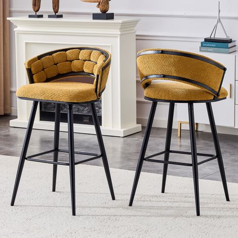 Ensemble de deux fauteuils rideaux en velours jaune avec pieds en fer noir,tabourets de bar modernes pour l’espace bar à domicile