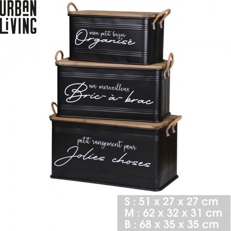 Ensemble de 3 caisses de rangement LOFT & MÉTAL message imprimé blanc - Noir et bois - Métal, bois et corde - 3 tailles - Livraison gratuite