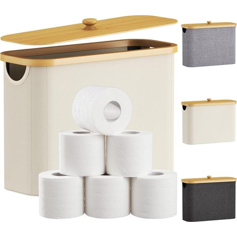 Rangement Papier Toilette, Réserves à Rouleaux de Panier Papier Toilette WC avec Bambou Couvercle, Boite Rangement Salle de Bain, Accessoires WC, Panier Rangement Tissu, 23L, Blanc (1/5)