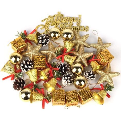 Ornement Sapin de Noel,  36pcs Deco Sapin Noel Pendentif, Petit Sapin de Noel Deco, Pailletées Boule de Noel, Boîtes Cadeau, Pommes de Pin, Étoiles, Cloche, Joyeux Noël, Or