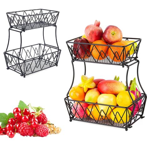 Obstkorbständer, 2 Etagen, Obstschale aus Metall, Servierständer, rund, schwarz, doppellagiger Obstkorb, quadratischer Obstkorb im europäischen Stil für Feiertage (1/5)