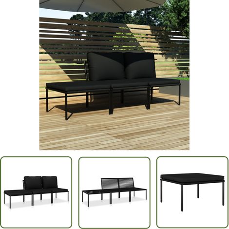 The Living Store Salon de jardin 3 pcs avec coussins Noir PVC - Meubles De Jardin - Salon De Jardin - Set De Salon - Mobilier Extérieur - Mobilier De Patio (1/5)