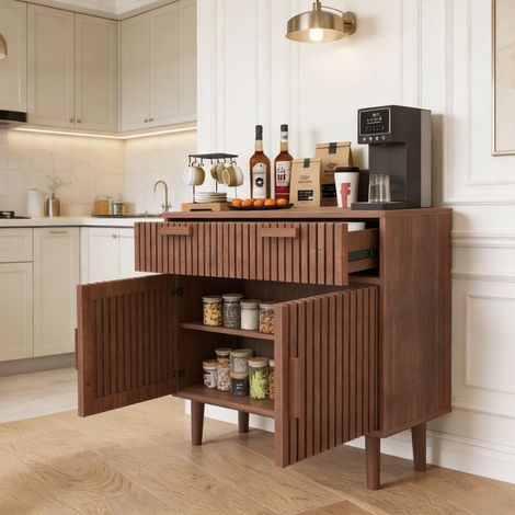 Cómoda de madera - Mueble de almacenamiento - 2 cajones y 2 puertas - Buffet - Mueble para dormitorio, cocina, salón - 100x35x80cm - Marrón (1/5)