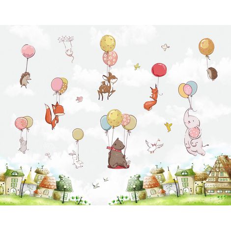 Papier peint panoramique Enfants - Animaux Ballons - 130 cm x 101 cm (1/2)