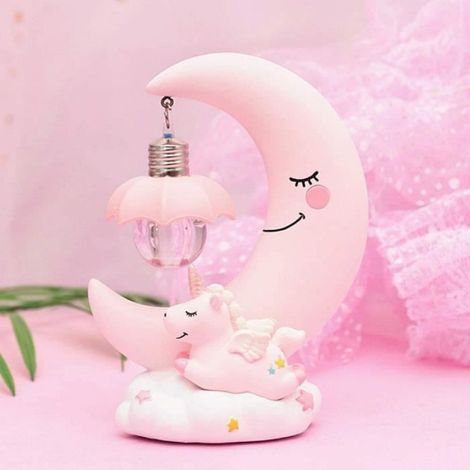 Veilleuse LED Résine Lune Licorne - Pour Chambre Bébé Enfant - Lampe Chevet Douce Rose - 1 Pièce (1/4)