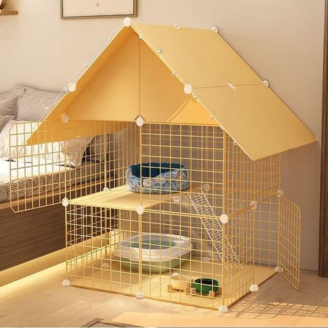 Cage de Chat avec Avant-toits, clôture de Chat, Fil de Fil, Caisse de chenil, Petite Cage Animale, Parfait pour 1-2 Chats, Cage de Chat Jaune (Taille: 75x75x146cm) FANDIAO