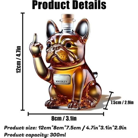 Carafe à whisky en forme de bouledogue français, support décoratif pour bouteille d'alcool, carafe en verre d'une contenance de 300 ml, récipient multifonctionnel pour boissons (1/4)