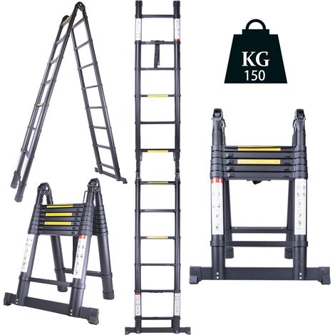 Escalera Telescópica Extensible, Negro Escalera Plegable de Aluminio, Peldaños Retráctiles Capacidad de Carga Máxima 150 Kg 3.8M(1,9m + 1,9m)