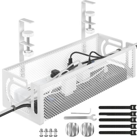 Goulotte de gestion des câbles pour bureau, sans perçage, organisateur de câbles en maille métallique avec fixation par clip pour bureau à domicile et bureau assis-debout (1 pièce, blanc) (1/5)