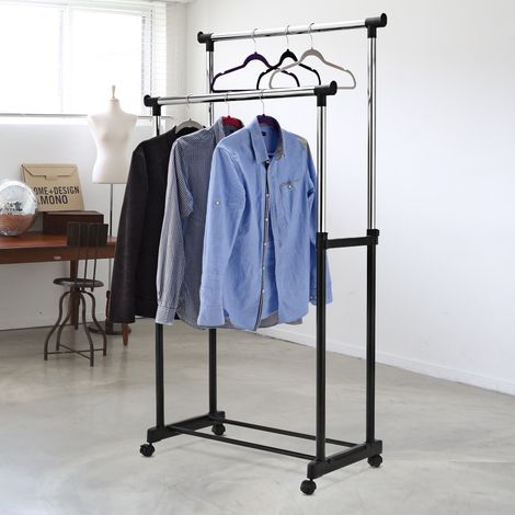 Porte-manteau sur Roulettes avec Étagère à Chaussures Portant à Vêtements Hauteur Réglable Double Barres, 84x43x168cm (1/3)