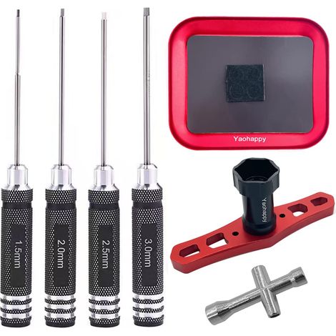 Lot de 4 Tournevis hexagonaux 1,5 mm 2,0 mm 2,5 mm 3,0 mm et clé cruciforme 4 Voies 17 mm Clé de Roue Vis Case Helicopter Repair Tool Kit Car Drone Multi-Axis (1/5)