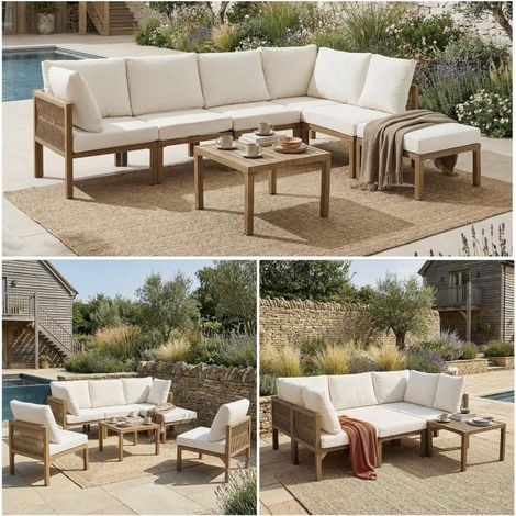 Salon de jardin modulable 6 places avec table, canapé d’angle convertible beige/bois