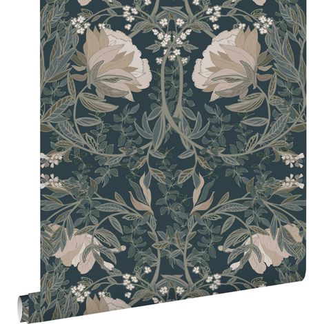 papier peint fleurs vintage de style art nouveau bleu foncé - ESTAhome (1/5)