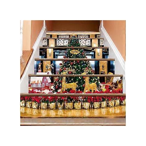 SZTXJ Wasserdichte 3D-Weihnachtstreppenaufkleber für die Treppenrenovierung, Weihnachtsbaum im Einkaufszentrum, 3D-Simulation, modische, wasserdichte Treppe, die einen Weihnachtsbaum im Einkaufszentru