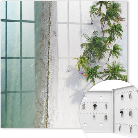 Armoire à clés - (30 cm x 30 cm) - Boîte à clés murale - Coffret de rangement pour clés - Couleur blanche - Ouverture vers la droite - Pour maison et bureau - Plage tropicale