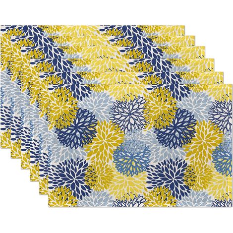 Lot de 6 sets de table motif dahlia jaune et bleu, sets de table géométriques floraux imperméables et lavables, sets de table de décoration(30 x 45cm) (1/5)