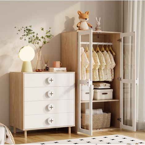 Kleiderschrank aus MDF in Natur/Weiß mit transparenten Acryltüren, 10 Ebenen, Kleiderstange und 4 Schubladen (1/5)