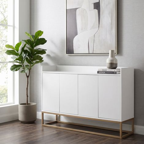 Aparador blanco 120x30x80 cm - mueble auxiliar de salón con 4 puertas y estantes ajustables patas de metal dorado diseño moderno cocina entrada (1/5)