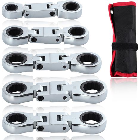 Lot de 5 clés à cliquet à double tête flexible à cliquet - Jeu de clés mixtes à cliquet à double boîte - Mini clés à cliquet Nano Flex (1/4)