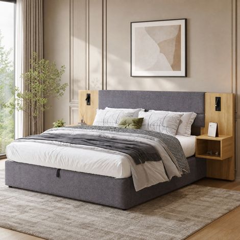 Cama doble adulta 160x200 cm en terciopelo gris y madera natural con almacenaje FloraGrace (1/5)