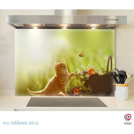 Fond de hotte : Chaton et papillon - Verre trempé - 90 cm - 60 cm (1/5)