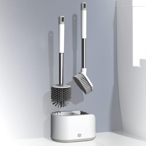 Brosse de toilette en silicone avec support, brosse de nettoyage 2 en 1 salle de bain poignée en acier inoxydable brosse de toilette support de brosse de toilette en silicone mural et debout (1/5)