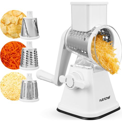 NutriChef Mandolina per Verdure 3 in 1 e Grattugia Formaggio per Cucina, Affetta Verdure con 3 Lame Intercambiabili, Base a Ventosa e Manovella con Blocco Sicurezza, Accessori Cucina, Bianca (1/4)
