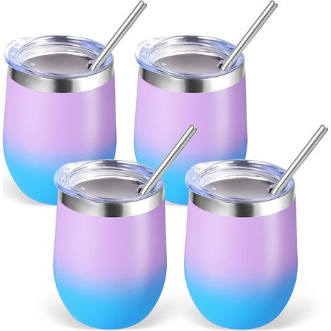Lot de 4 verres à vin en acier inoxydable de 355 ml avec couvercle, verres à vin sans pied isothermes à double paroi (1/5)