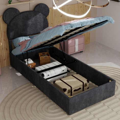 Cama Baúl 90 x 200 cm - Cama Infantil con Cabecero Acolchado - Gris - Sin Colchón (1/5)